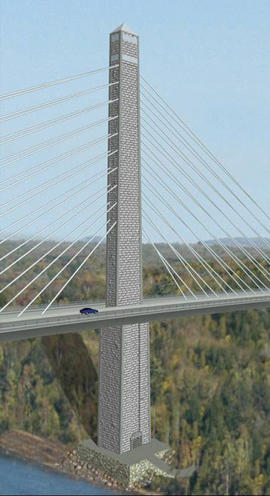 Photo: Proposed new structure that includes an elevator leading to an observatory atop one of the bridge's pylons.