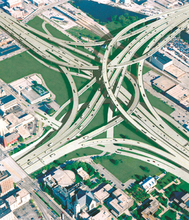 Photo: Computer rendering showing the planned Marquette interchange in downtown Milwaukee, which will replace deteriorated structures and improve safety and traffic operational characteristics. 
