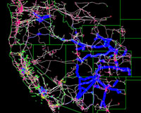 The blue in this infrastructure model of the western U.S. shows where transmission lines will be overloaded in 2025 due to population growth.