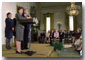 Laura Bush speaks to women business leaders in the East Room.