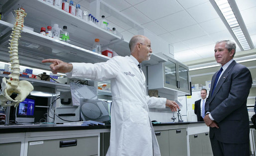 President George W. Bush meets with Dr. Edward Benzel, director of the Center for Spine Health, Tuesday, July 10, 2007, at the Cleveland Clinic in Cleveland, Ohio.The Cleveland Clinic, founded in 1921, is consistently rated one of the top hospitals in the world. White House photo by Chris Greenberg