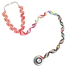 Illustration of a stethoscope with its rubber tubing replaced by DNA’s double helix.