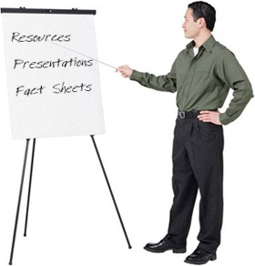Graphic of man pointing to Resources, Presentations and Fact Sheets
