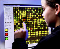 Researcher examining microarray display onscreen