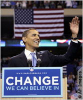 Obama at podium with sign saying Change We Can Believe In (AP Images)