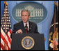 President George W. Bush addresses a morning news conference Thursday, July 12, 2007, in the James S. Brady Briefing Room of the White House. Said the President, "The real debate over Iraq is between those who think the fight is lost or not worth the cost, and those that believe the fight can be won and that, as difficult as the fight is, the cost of defeat would be far higher."  White House photo by Chris Greenberg