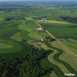 Aerial view of contoured landscape