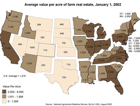 Average value per acre of farm real estate, January 1, 2002