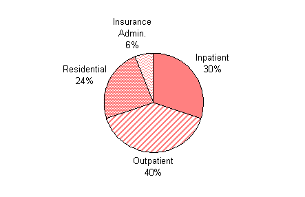 Distribution of SA Expenditures by Setting of Care (Inpatient, Outpatient, and Residential) and Insurance Administration, 2001