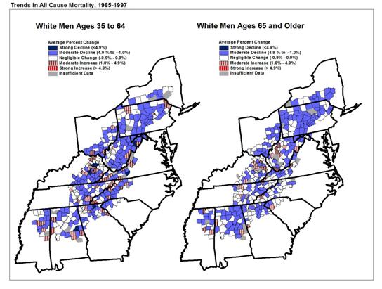 This map depicts trends in all-cause mortality for white men ages 35 and older in Appalachia for the years 1985 to 1997.