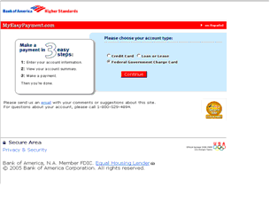 screenshot of a Bank of America website used for paying Government credit cards
