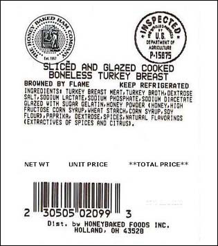 Label, recalled sliced and glazed cooked boneless turkey breast