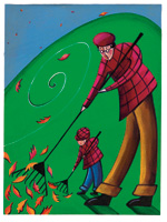 illustration: adult and child raking leaves