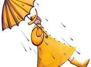 illustration: person in the rain holding umbrella and wearing a raincoat