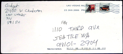 envelope from a letter that claims to have been authored by Wales' killer. Note the use of 'Gidget'--a movie and TV show from the 1960s--in the return address; the term is possibly used by the author in other contexts, past and present
