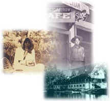 photo: collage: A Washoe Indian, a man standing in the doorway of a cafe, a lake-front hotel.