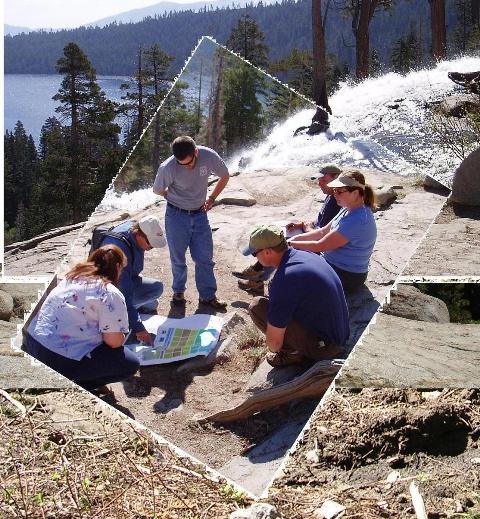 [Color photo]: Members of the Lake Tahoe Basin Management Unit Planning Team at Inspiration Point overlook, Emerald Bay, May 2006.