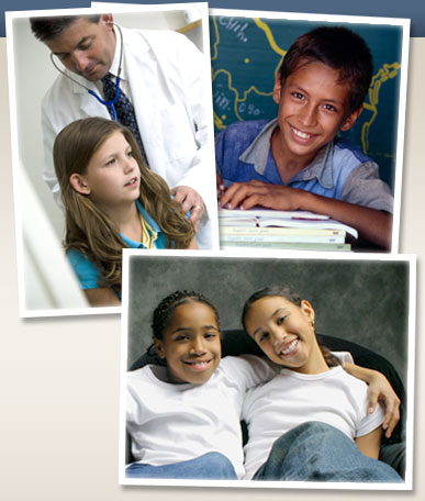 Three images of kids. A young girl being examined by a doctor, A smiling young boy and two teen girls with their arms around one another's shoulders