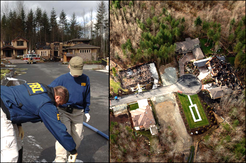 Two FBI evidence experts at the scene and an aerial picture of the destroyed homes.