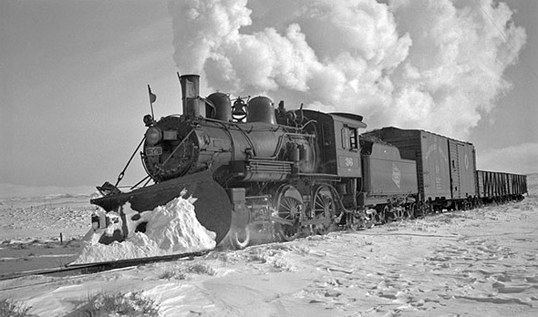 Milwaukee Railroad, Engine 36, Moving snow, Ringling, MT, 1942.  By Warren McGee MHS Photograph Archives #Pac97-93.11087.