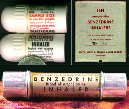 Photo of three types of nasal inhalers containing basic amphetamine - from the www.AddictionScience.net collection