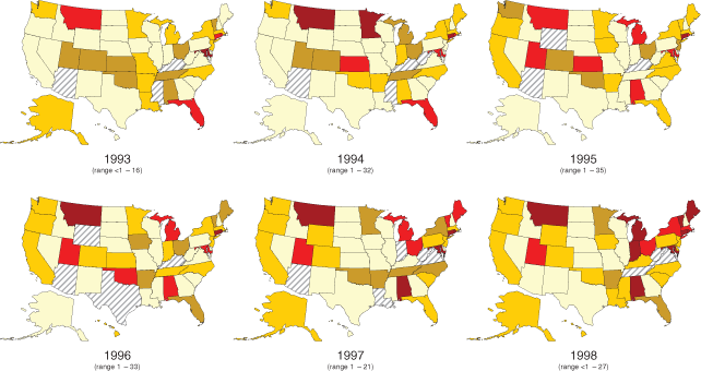 Figure 5 Primary non-heroin opiates/synthetics admission rates by State: TEDS 1993-2003 (per 100,000 population aged 12 and over)