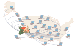 Illustration of a network of computers connecting from all over the USA to the Stanford University