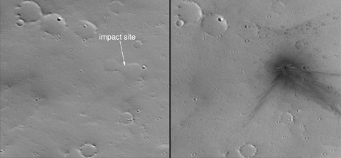 This image shows a gully site as it appeared on Dec. 22, 2001. Sunlight illuminates each scene from the northwest (top left). The 150-meter scale bar represents 164 yards. 