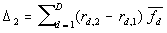 Delta sub 2 is the sum as d ranges from 1 to D of the product of the difference r sub d,2 minus r sub d,1, times f bar sub d