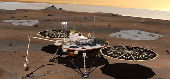 Artist's depiction of the spacecraft fully deployed on the surface of Mars.