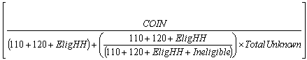 Formula: The numerator of the BRFSS CASRO Rate is the number of completed interviews.  Its denominator consists of the sum of completes, partial completes, eligible non-interviews, and the estimated proportion of cases of unknown eligibility that are eligible.  The estimated proportion of cases of unknown eligibility that are eligible is determined by multiplying the cases of unknown eligibility by a factor calculating the proportion of cases of determined eligibility that are eligible.  This factor is calculated by dividing the sum of completes, partial completes, and eligible non-interviews by the sum of this numerator and the ineligible cases.