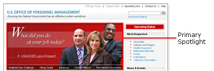 Image showing primary spotlight is the big image in the middle of the OPM home page, secondary spotlight is in the right bottom corner of the OPM home page.  Follow this link for primary spotlight page.