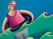 illustration: woman with bathing cap and inner tube in water