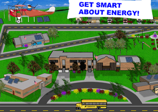 An illustration of an elementary school, a middle school, and a high school surrounded by roads and trees.  An airplane flies overhead with a banner reading, 'Get smart about energy!'