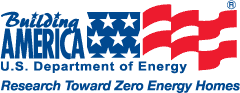 Image of the Building America logo.  The text on the image is Building America, U.S. Department of Energy, and 'Research Toward Zero Energy Homes.' There is also a graphical representation of the U.S. Flag.