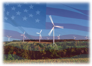 Photo of wind turbines with an American flag superimposed on the background.