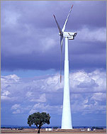 Photo of a large, three-bladed wind turbine.
