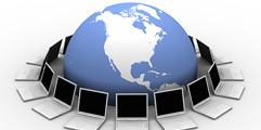 Illustration of a model of the Earth surrounded by open laptop computers.