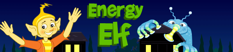 Illustration for the Energy Elf game.  The Energy Elf, a young boy with large pointed ears and a lightning bolt-shaped hairstyle, smiles brightly with his arms spread wide.  In the background is a city at night, with lights shining brightly through the windows.  The Power Gobblin', a massive, house-sized blue monster with wiggly antennae and a long snout, is sucking energy out of one of the homes.  In the middle are the words, 'Energy Elf.'