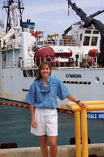Teacher-at-Sea Diane Stanitski-Martin standing in front of the Ka'Imimoana just before departure on August 16, 2002.