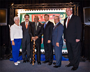 Image: Rep. Janet Napolitano, Serrano, Candido Camero, Rep. Xavier Becerra, Rep. Joe Baca and Postmaster General John Potter after unveiling  the new stamp