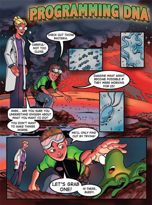 With the help of a Hollywood illustrator and others, Endy created a comic book called Adventures in Synthetic Biology. He hopes to use it as a teaching tool. Drew Endy