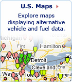 US Maps: Explore maps displaying alternative vehicle and fuel data. Photo of a map with various points marking alternative fuel stations.