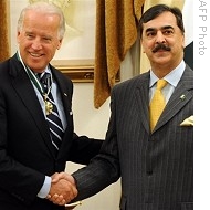 Pakistani PM Yousuf Raza Gilani shakes hands with US vice president-elect Joe Biden at the PM's House in Islamabad, 09 Jan 2009