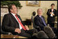 President George W. Bush and German Chancellor Gerhard Schroeder talk with the media in the Oval Office Monday, June 27, 2005.  White House photo by Eric Draper