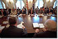 President Bush meets with his cabinet members at the White House August 3, 2001. After their session, the cabinet stood by him in the Rose Garden as he addressed the media and outlined the successes of the administration's first six months. White House photo by Eric Draper.