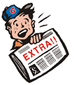 (Cartoon of a young boy holding up a newspaper reading "EXTRA!!")