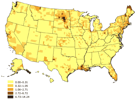 Map of the United States showing percentage of linguistically isolated Indo-European–language households, United States. The greatest percentages (6.73%-14.24%) are located in the upper Northeast (New Hampshire and Maine), Louisiana, North and South Dakota, and Montana.