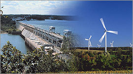Photo of an impoundment hydropower plant and a wind turbine farm.