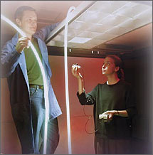 Photo of researchers installing flexible optical fibers.